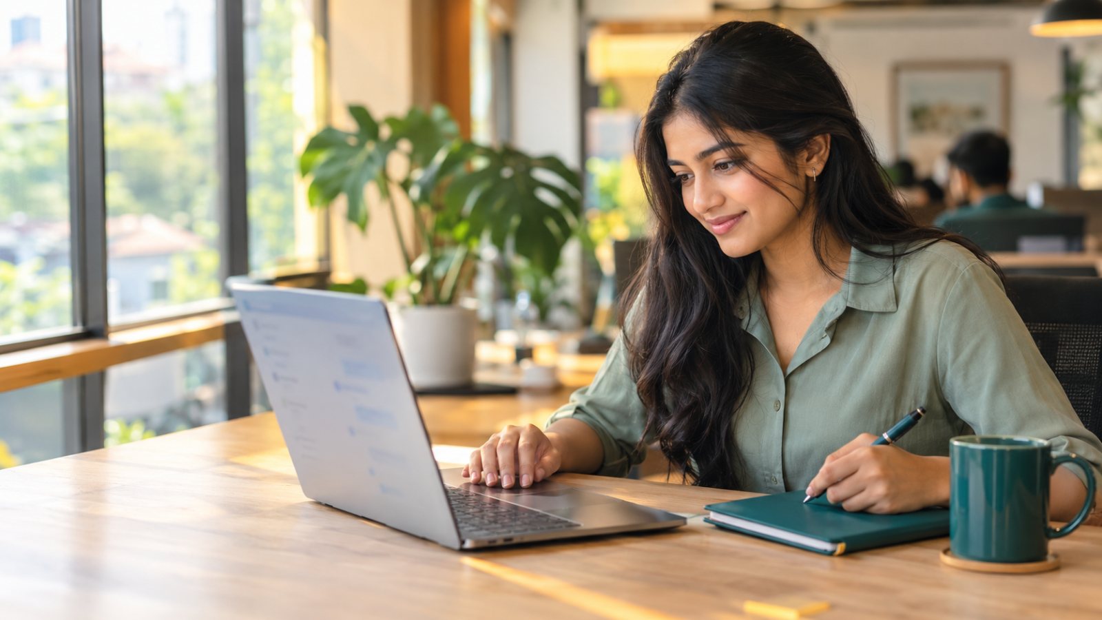 A graduate working at a laptop in a bright co-working space, an AI assistant open on screen