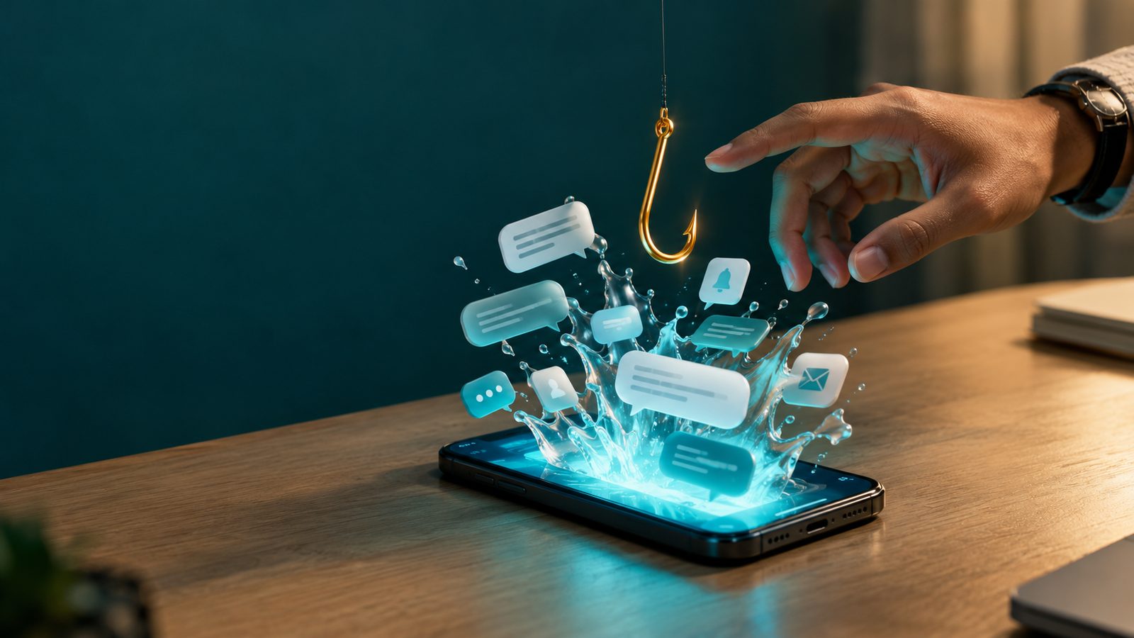 Chat bubbles and notifications splash up out of a glowing phone on a desk, a gold fishing hook dangles above them, and a hand pauses just before touching it