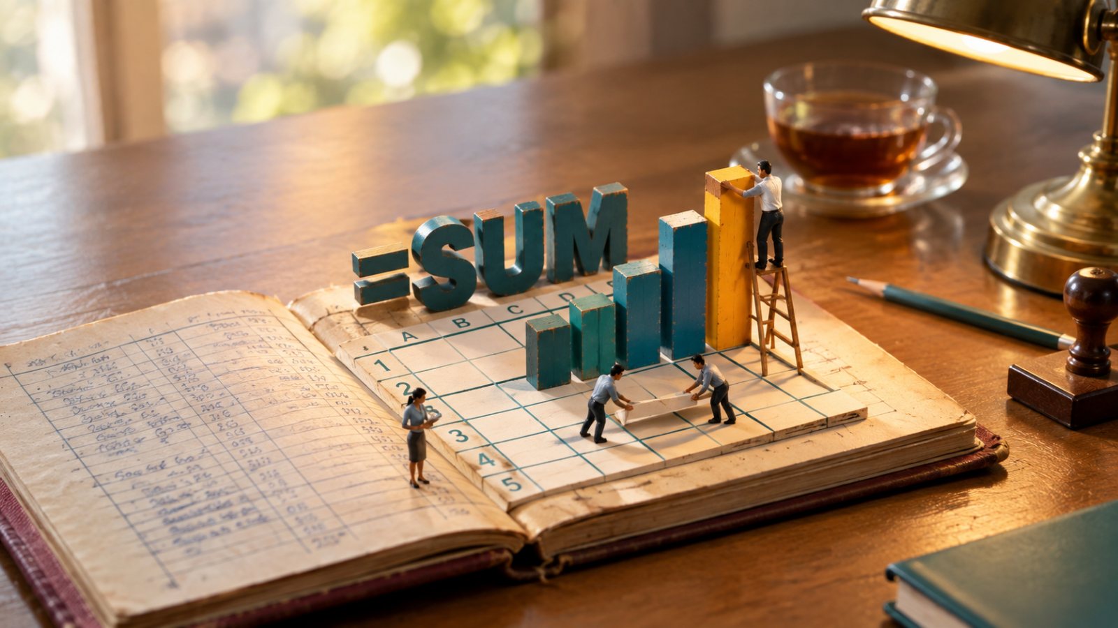 An open handwritten accounts ledger whose columns rise into a 3D spreadsheet grid and bar chart, built by miniature office workers