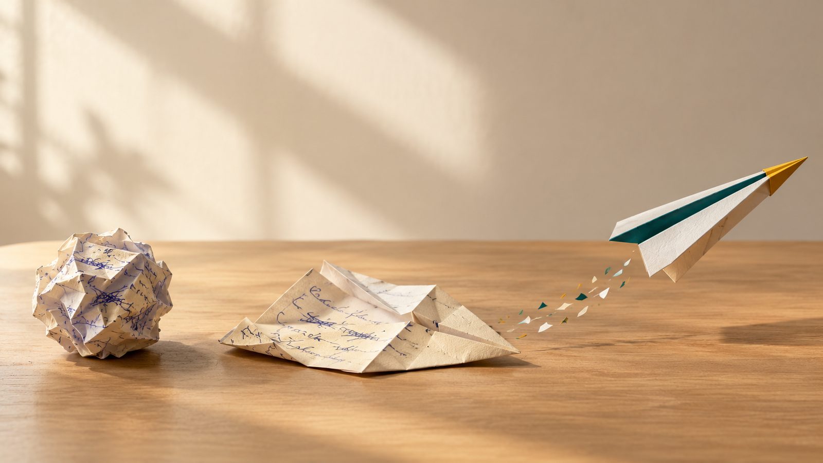A crumpled handwritten draft, the same sheet half refolded, and a crisp paper plane with a teal stripe and gold nose taking off from a wooden table